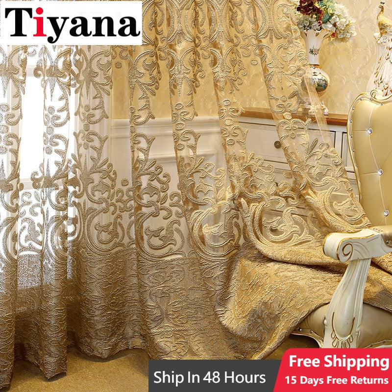 European Luxury Embroidered Hollow Curtains For Living Room Bedroom Elgent Fabric French Windows Cortinas Sheer Tulle Drapes