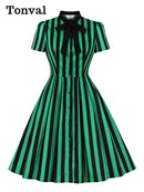 Tonval Fliege Hals Grün Gestreiftes Vintage Kleid Durchgeknöpft Elegante Kleider für Damen Baumwolle Retro Kleidung Taschen Sommerkleid