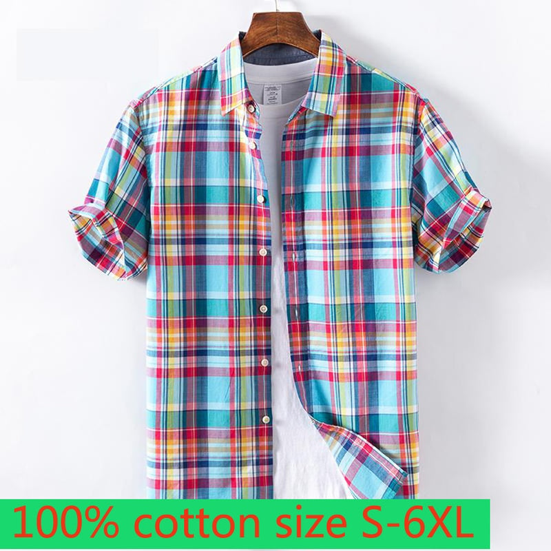 New Large Fashion Short Sleeve Spring Summer Men 100% Cotton Handsome Plaid Loose Casual Shirts Plus Size S M LXL2XL3XL4XL5XL6XL