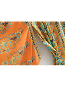 Vintage chic Women yellow Floral Print Sashes beach bohemian Kimono Ladies V Neck batwing Sleeves Maxi robe Boho bikini cover-up