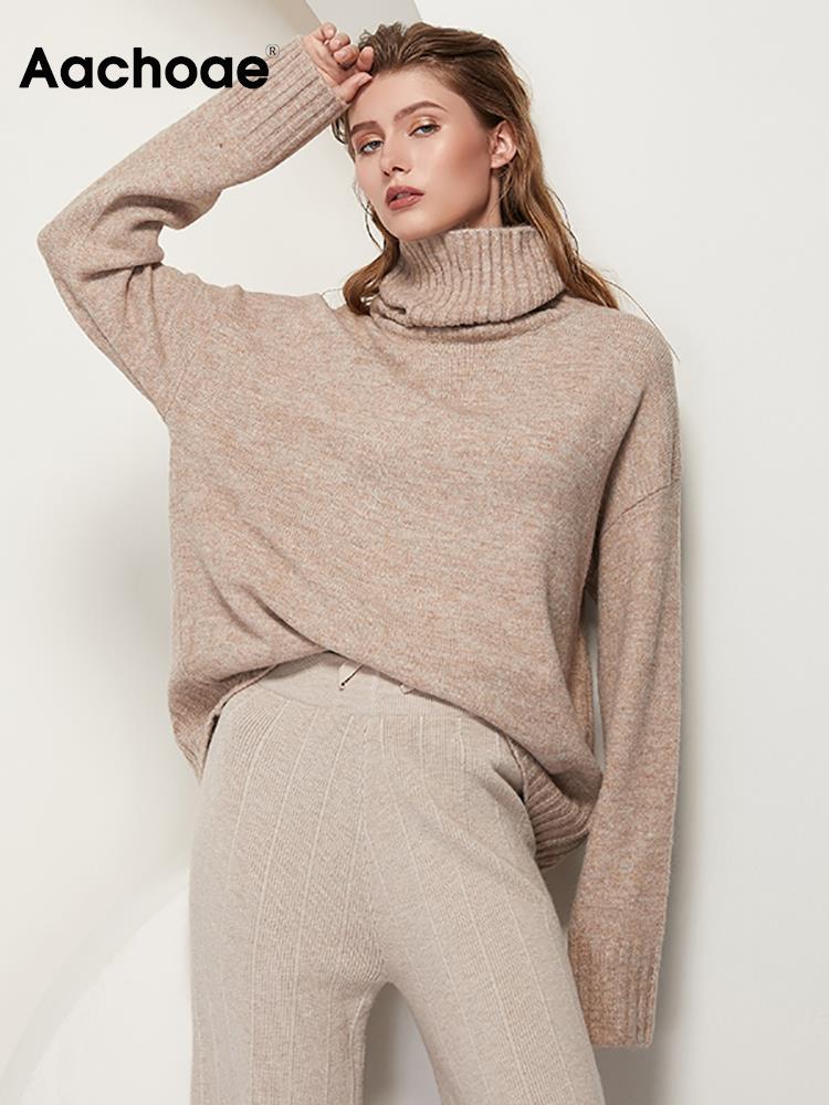 Aachoae Elegant Solid Knitted Two Piece Set Women Turtleneck Batwing Long Sleeve Loose Sweater Full Length Casual Wide Leg Pants