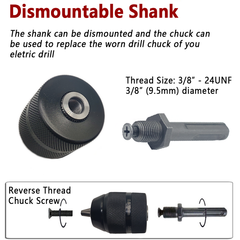 Keyless 0.8-10mm 3-Jaw  3/8-24UNF Drill Chuck Quick Change Adapter SDS-Plus Shank 1/4&quot; Hex Square Fit Rotary Hammer/Hammer Drill