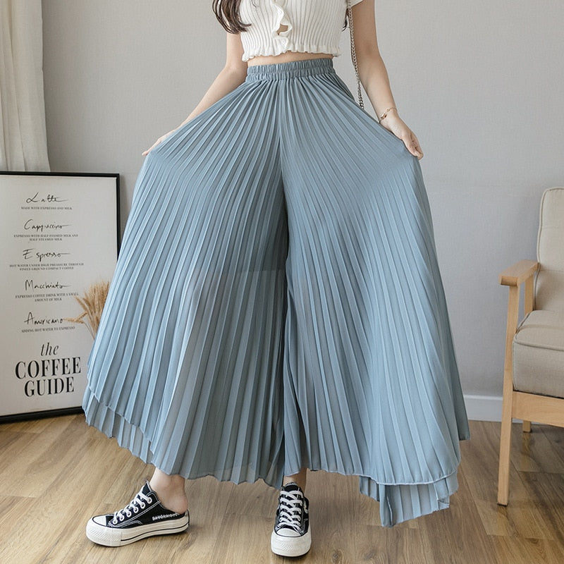 2022 Women Summer Autumn Pleated Loose Pants Fashion Female Chiffon Elastic Waist Skirt Pants Black Blue Wide Leg Pants Femme