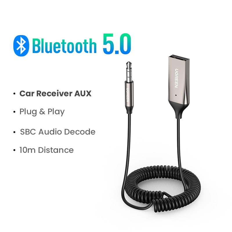 Adaptador auxiliar Bluetooth UGREEN, receptor inalámbrico Bluetooth para coche, USB a conector de 3,5mm, Audio, música, micrófono, adaptador de manos libres para altavoz de coche