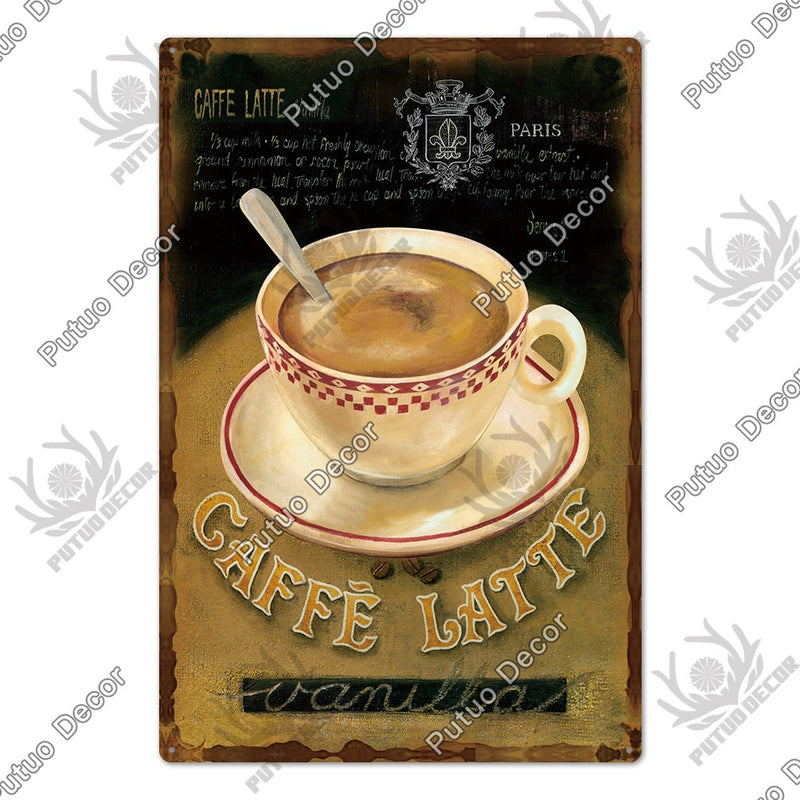 Putuo Decor Kaffee-Blechschild, Vintage-Plakette, Metallplatte, Retro-Wandkunst, Poster für Küche, Bar, Pub, Eisen, Malerei, Dekoration