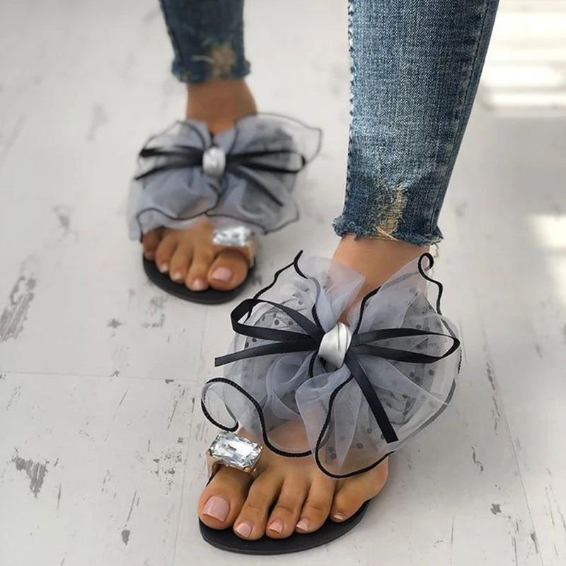 Summer Cute Bowtie Decorate Non-Slip Sandals Slipper Flats Mules Casual Fashion Female Flip Flops Mesh Beach Slides 2022 Hot