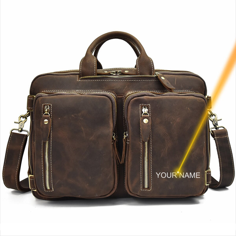 Men Genuine Leather Laptop Backpack 15&quot; PC Crazy Horse Leather Business Bag 3 Use Cow Leather Shoulder Bags 3 Layer Work Tote