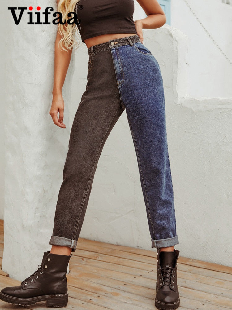 Viifaa Black and Blue Two Tone High Waist Y2K Denim Jeans for Women 2022 Zipper Fly Casual Pants Ladies Straight Jeans