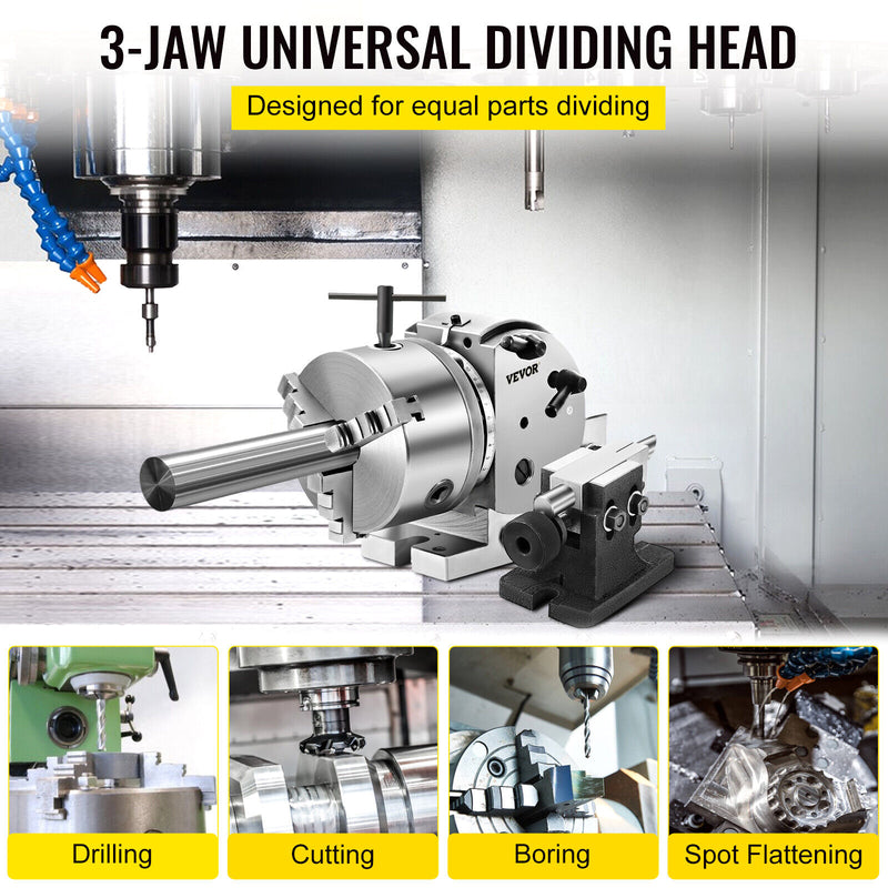 Cabezal divisorio VEVOR BS0 de 5 ", cabezal de indexación semiuniversal con placas de indexación, contrapunto y mandril de 3 mordazas de 125mm para taladrado y fresado