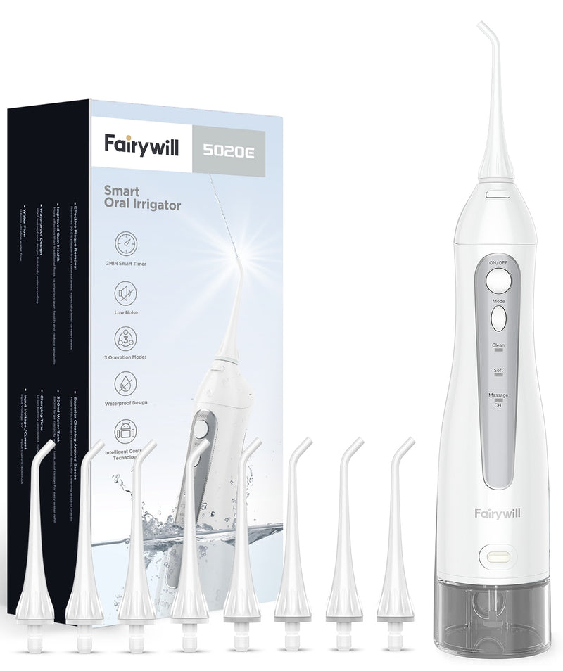 Irrigador Oral Fairywill, hilo dental recargable por USB, chorro de agua Dental portátil, tanque de agua de 300ML, limpiador a prueba de agua, 8 boquillas