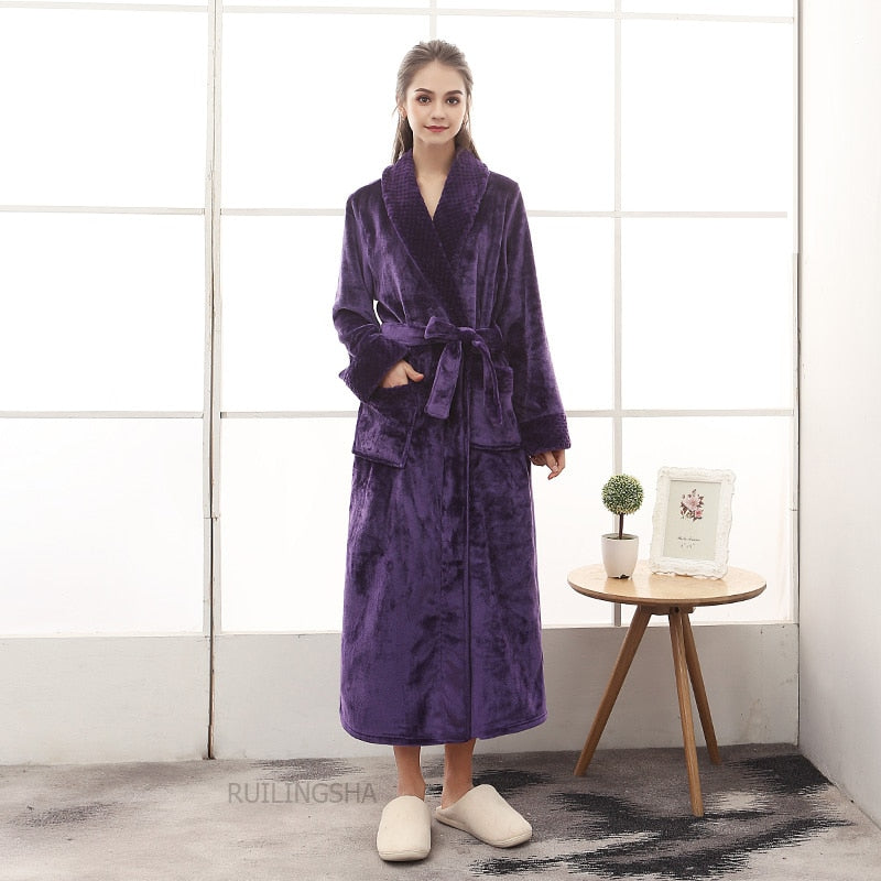 Men Long Thick Warm Flannel Bath Robe Plus Size Women Robes Coral Fleece Bathrobe for Winter Dressing Gown Male Kimono Sleepwear