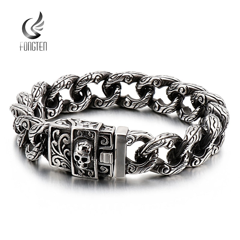 Fongten, pulsera de cadena de eslabones cubanos con calavera Vintage para hombre, esqueleto Punk, abalorios de acero inoxidable, pulseras para hombre, joyería vikinga