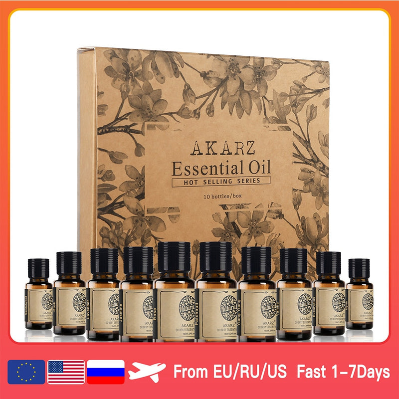 AKARZ Hots 10 Sets Sandelholz, Moschus, Lavendel, Jasmin, Rose, Patchouli, Ylang Ylang, Vanille, Eukalyptus, ätherisches Myrrheöl