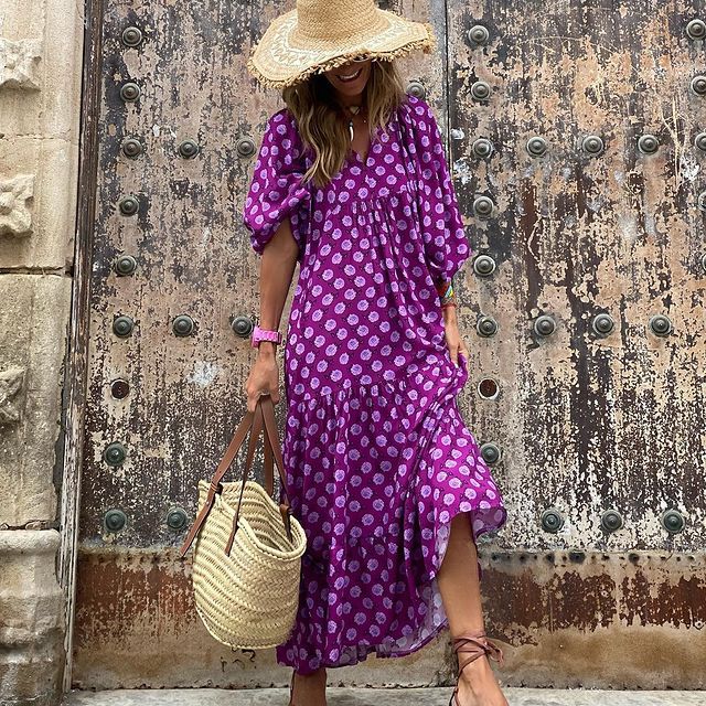 Women Lantern Sleeve Long Dresses Summer New V Neck Floral Print Loose Beach Sundress Female Bohemia Holiday Lace-up Maxi Dress