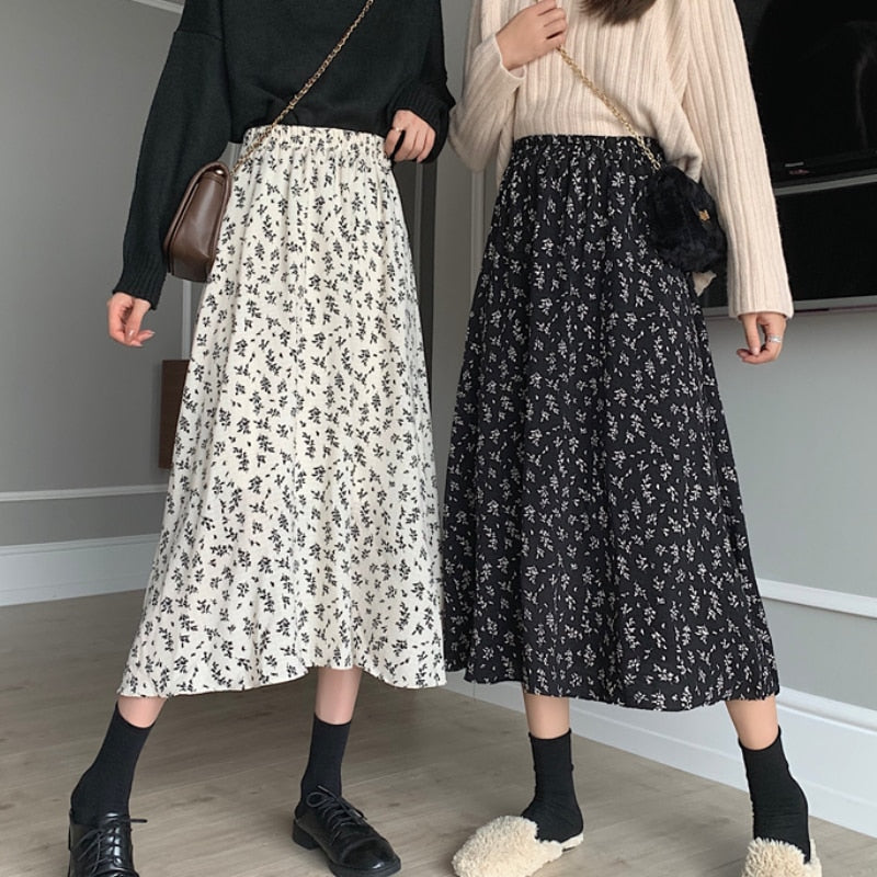 2023 Spring Vintage Floral Print Ruffle Pleated Long Skirts Women Korean Skirt Streetwear Drawstring Elastic Waist Midi Skirt