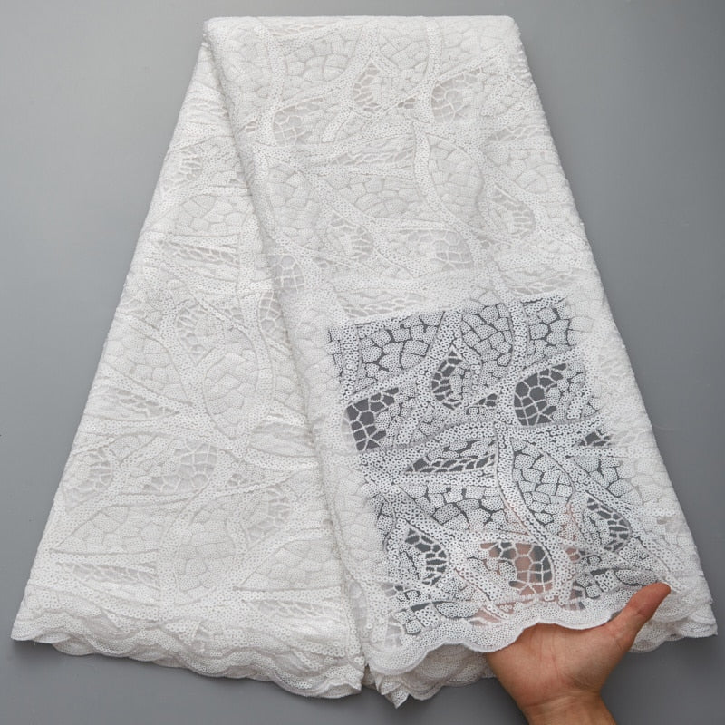 Kalume White African Tulle Lace Fabric Sequin 5 Yards 2021 Nigerian Mesh Lace Fabrics High Quality For Sew Wedding Cloth F1999