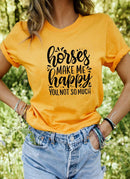 Horses Make Me Happy Bedrucktes New Arrival Damen Lustiges Freizeit-T-Shirt aus 100% Baumwolle, Farm-Shirts, Cowgirl-Tees, Country-Shirt