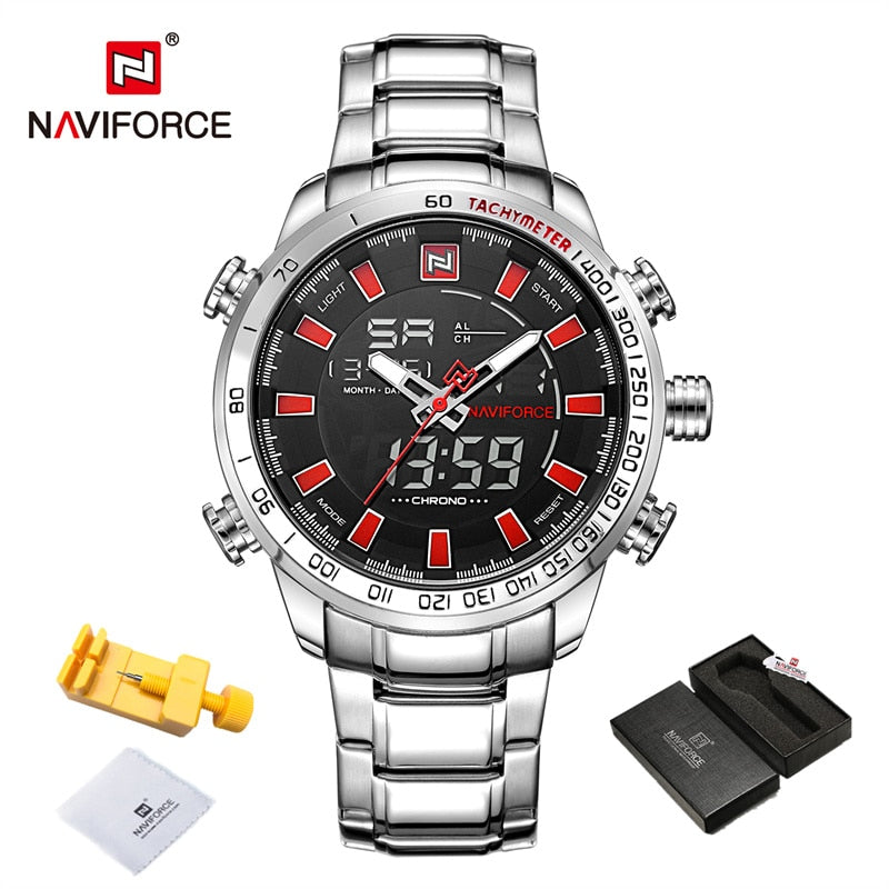 NAVIFORCE Luxury Brand Mens Watches Military Sport Digital Quartz WristWatch For Men Stainless Steel Waterproof Big Clock Male