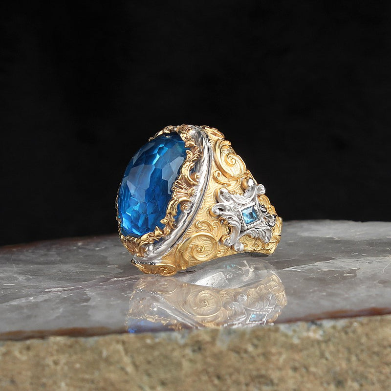 Gold Plated Men Ring 925 Sterling Silver Ring Blue Topaz Gemstone Men Rings Male Jewelry Rings For Men Women `s Rings Men Jewelr