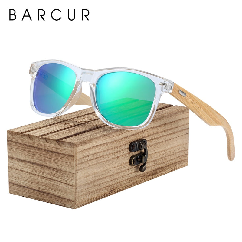 BARCUR Classic Bamboo Sunglasses Wood Transparent Plastic Frame Women Men Polarized Sun Glasses With Box Free