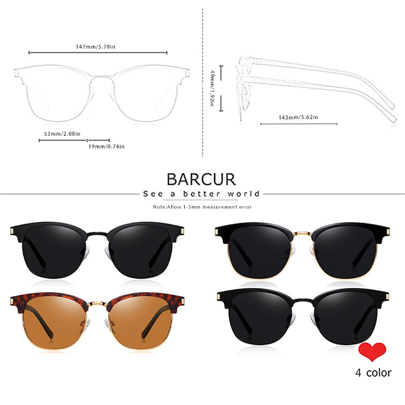 BARCUR Retro Semi-Rimless Women Sun Glasses Men Classic Fashion Sunglasses Polarized Shades Female Driving UV400