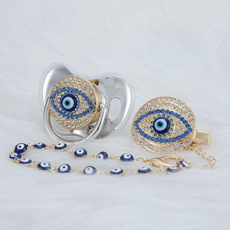 MIYOCAR blue Bling evil eye pacifier and clip set pacifier chain holder bling colorful lovely evil eye pacifier AEYE-C