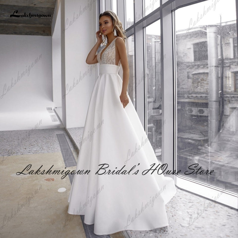 Lakshmigown Robe Satin Boho Wedding Dress 2022 Vestidos V neck Sequins Beaded Sexy Bridal  Receipt Wedding Party Gowns Open Back