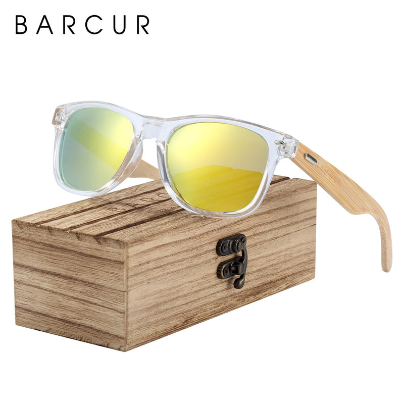 BARCUR Classic Bamboo Sunglasses Wood Transparent Plastic Frame Women Men Polarized Sun Glasses With Box Free