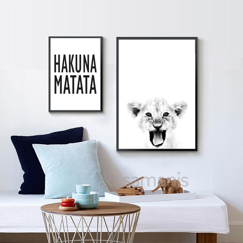 Baby Lion Print Wildlife Animal Black White Photography Poster Kids Quote Scandinavian Art Canvas Painting Home Decor