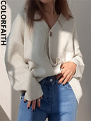 Colorfaith New 2022 Winter Spring Women's Sweaters V-Neck Buttons Cardigans Oversized Fashionable Korean Lady Knitwears SWC18190