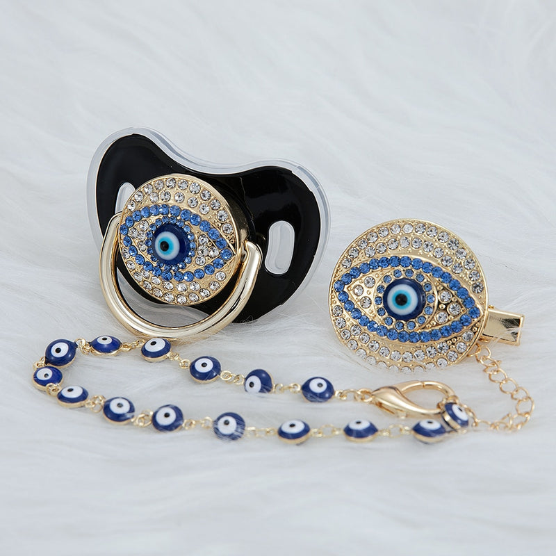 MIYOCAR blue Bling evil eye pacifier and clip set pacifier chain holder bling colorful lovely evil eye pacifier AEYE-C
