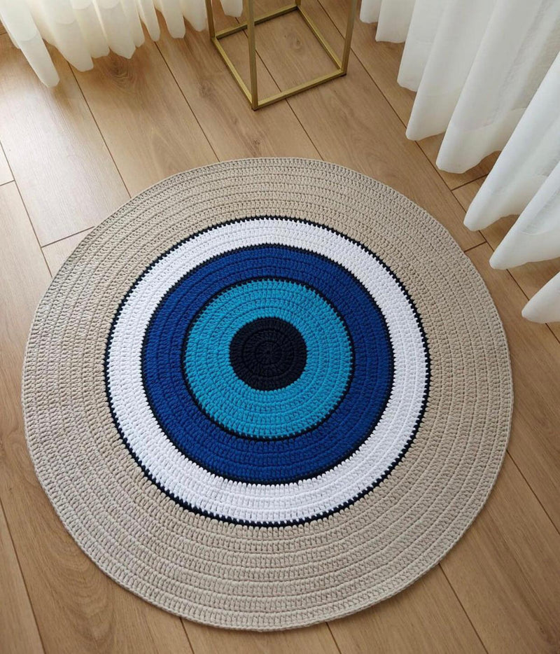 Hand-knitted evil eye pattern special design high quality and energizing handmade round carpet mat children teen room living roo