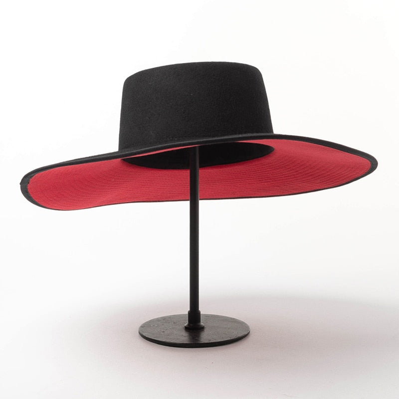 FEDORA de lana de dos tonos con empalme de ala ancha UNISEX clásico, sombreros cálidos de invierno de ala ancha para mujer, sombrero de vestir Derby de Iglesia para mujer rojo y negro