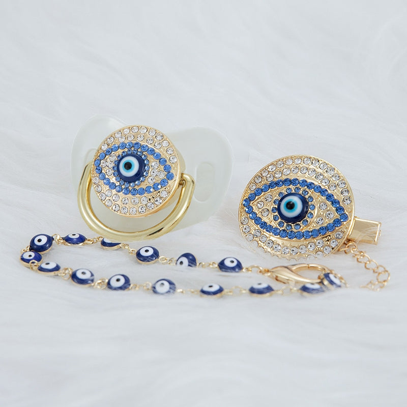 MIYOCAR blue Bling evil eye pacifier and clip set pacifier chain holder bling colorful lovely evil eye pacifier AEYE-C