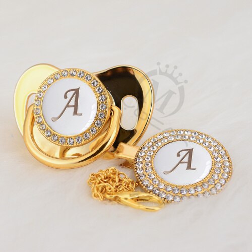 MIYOCAR Gold silver name Initials letter white elegant A beautiful bling pacifier and pacifier clip BPA free dummy bling LA-W