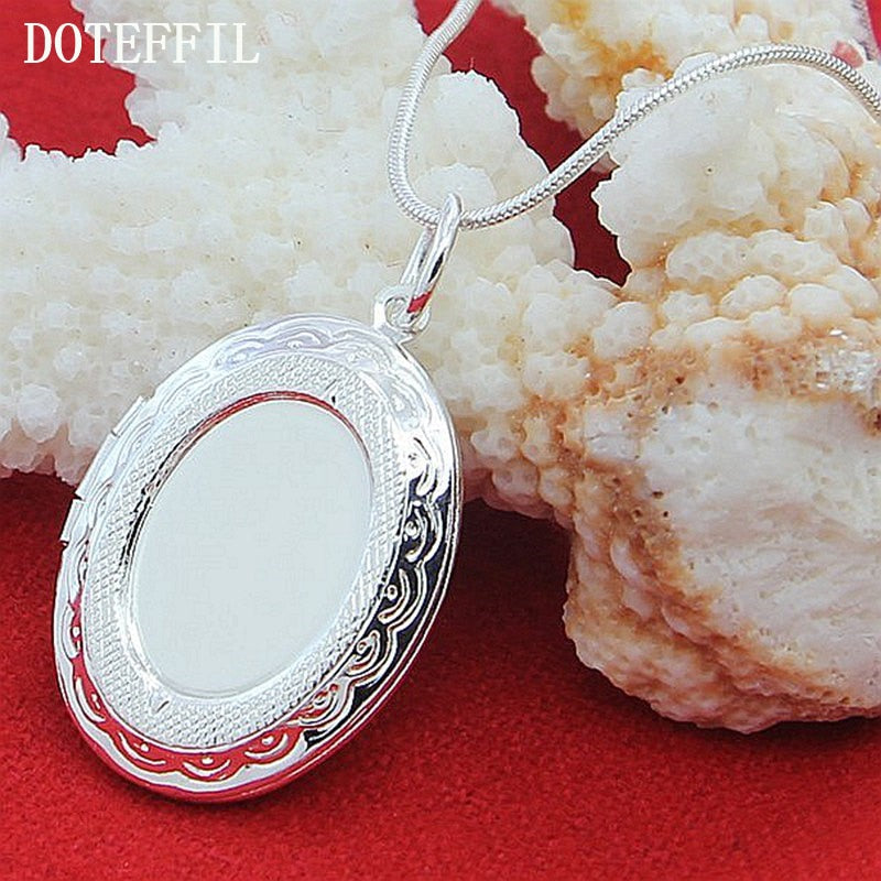 DOTEFFIL 925 Sterling Silver Oval Round Photo Frame Pendant Necklace 18/20-28/30 Inch Snake Chain For Woman Man Wedding Jewelry