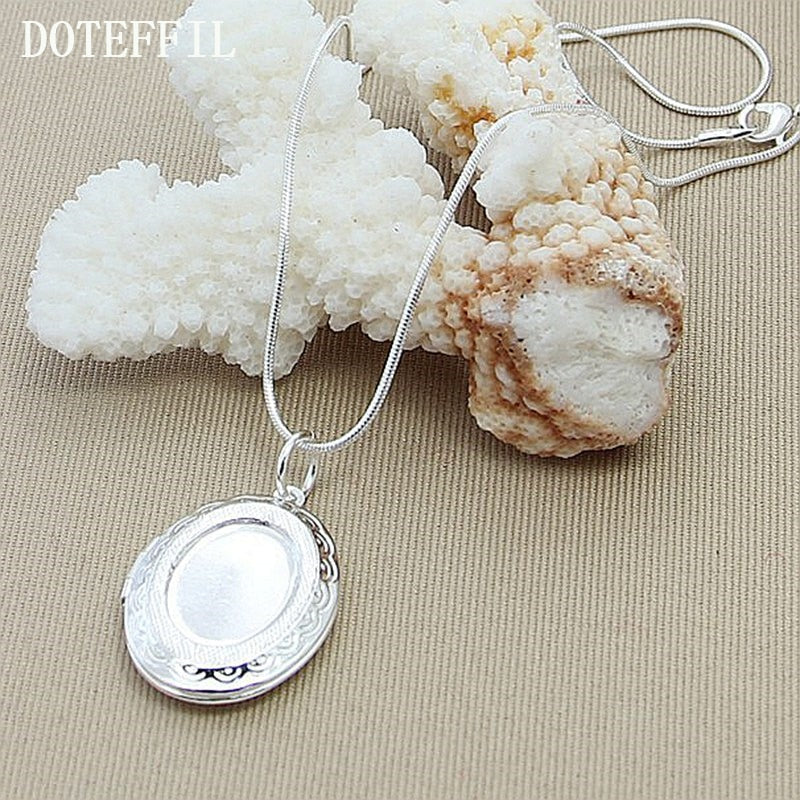 DOTEFFIL 925 Sterling Silver Oval Round Photo Frame Pendant Necklace 18/20-28/30 Inch Snake Chain For Woman Man Wedding Jewelry