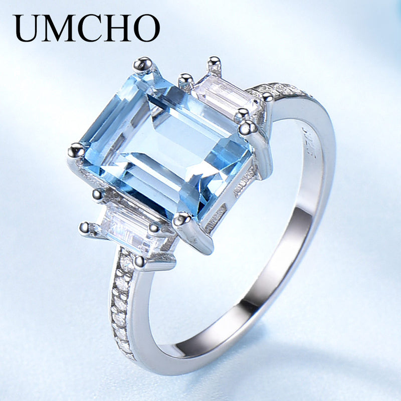 Anillos de piedras preciosas de topacio azul UMCHO para mujer, anillo de aguamarina de Plata de Ley 925 auténtica, joyería fina de compromiso de boda romántica