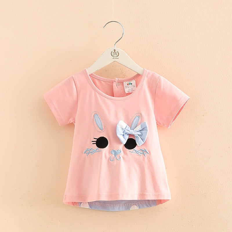 Kids Clothes 2021 Summer 100% Cotton White Pink Cartoon Cat Dot Bowknot Patchwork Short Sleeve O-Neck T-Shirt For Girls