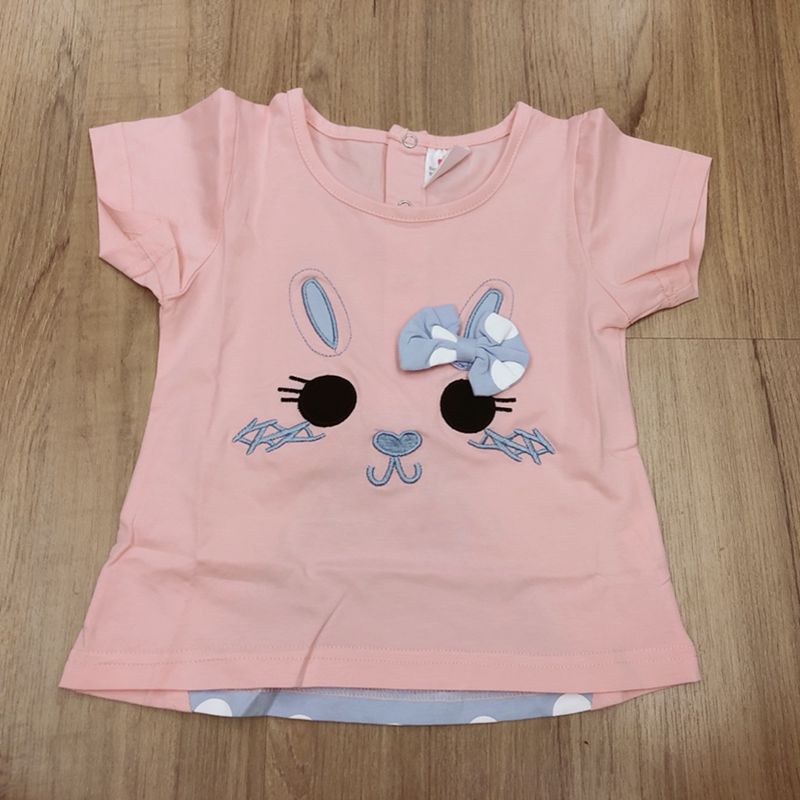 Kinderkleidung 2021 Sommer 100% Baumwolle Weiß Rosa Cartoon Katze Punkt Bowknot Patchwork Kurzarm T-Shirt mit O-Ausschnitt für Mädchen