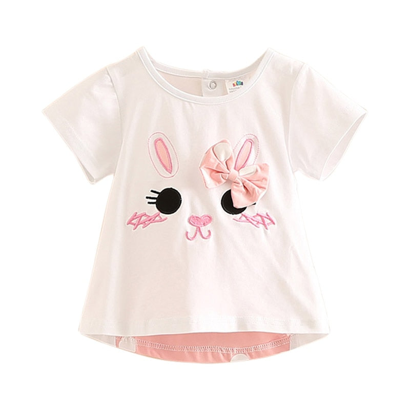 Ropa para niños 2021 verano 100% algodón blanco rosa dibujos animados gato punto Bowknot Patchwork manga corta Camiseta de cuello redondo para niñas