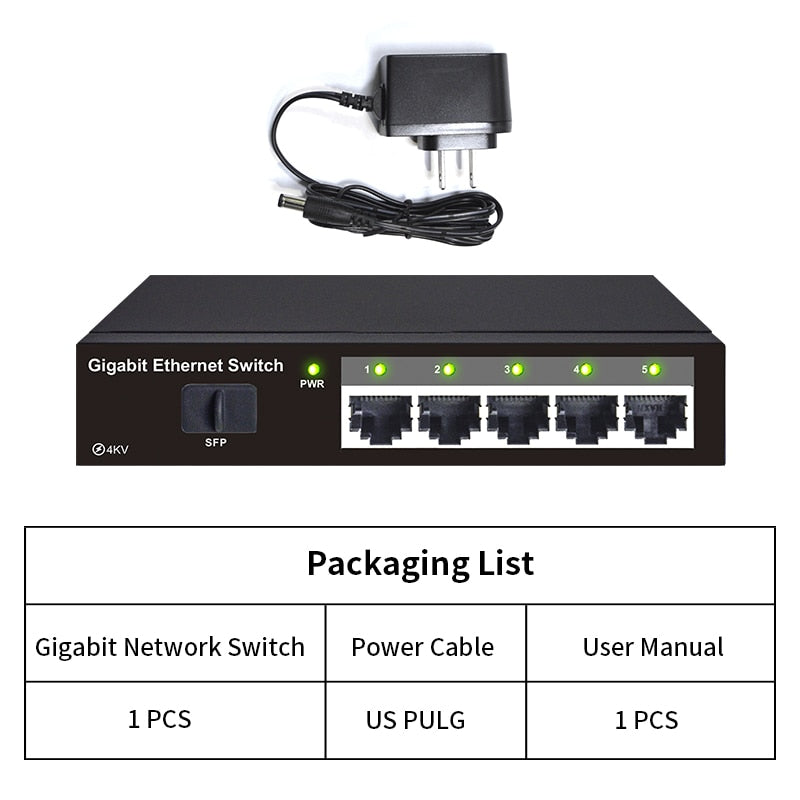STEAMEMO Conmutador de red Gigabit 5 puertos Escritorio 1000Mbps SFP Conmutador Pulg And Play Conmutador de red Ethernet rápido