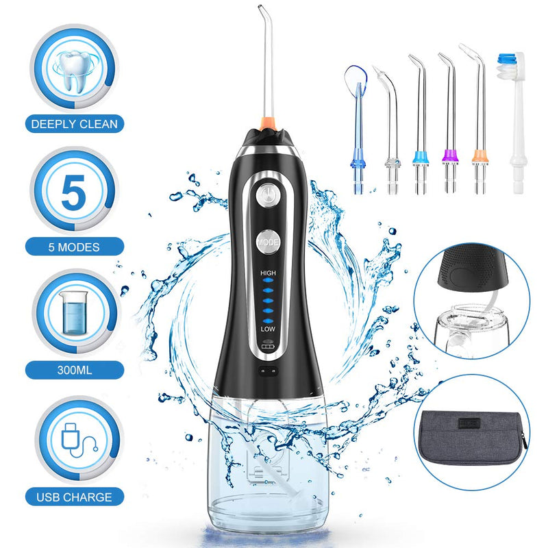 Irrigador bucal portátil 300ml Irrigador dental de agua Jet 5 modos Irrigador recargable por USB Limpiador de dientes dentales + bolsa