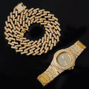 Necklace +Watch+Bracelet Hip Hop Miami Curb Cuban Chain Gold Color Iced Out Paved Rhinestones CZ Bling Rapper For Men Jewelry