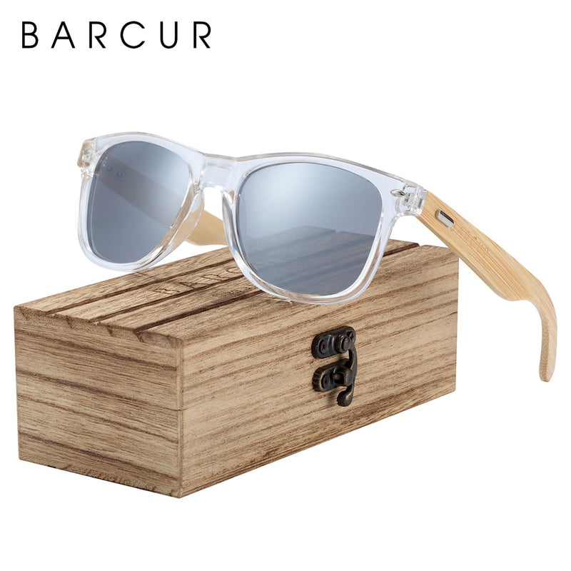BARCUR Classic Bamboo Sunglasses Wood Transparent Plastic Frame Women Men Polarized Sun Glasses With Box Free