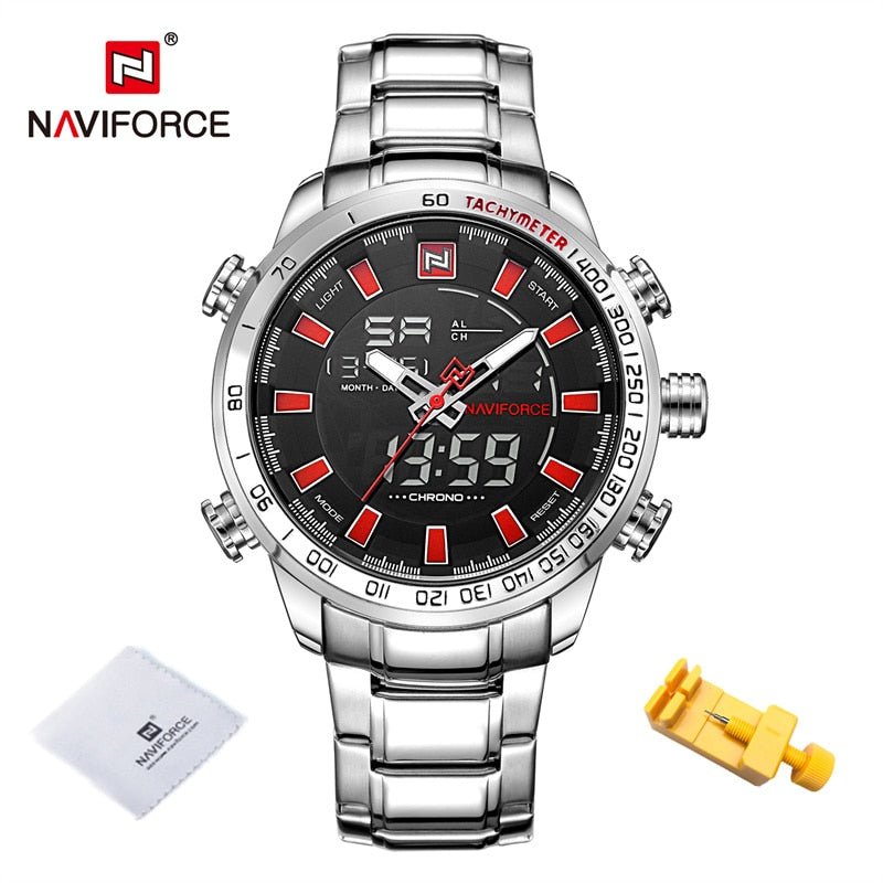 NAVIFORCE Luxury Brand Mens Watches Military Sport Digital Quartz WristWatch For Men Stainless Steel Waterproof Big Clock Male