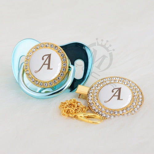 MIYOCAR Gold silver name Initials letter white elegant A beautiful bling pacifier and pacifier clip BPA free dummy bling LA-W