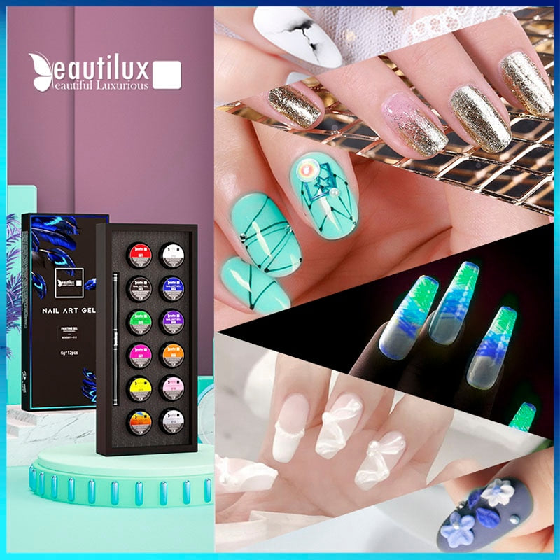 Beautilux Nail Art Design Gel Kit Without Sticky Layer Painting Carving Sculpturing Spider Lining UV LED Maincure Set With Brush