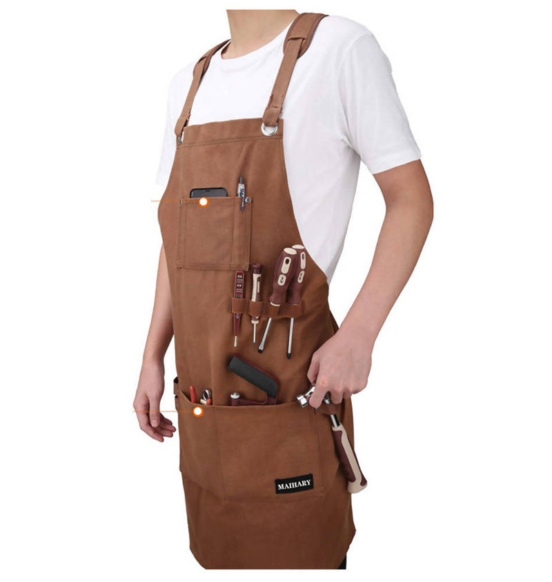 High quality wax canvas apron pockets & back cross straps with sturdy work apron for men & Women（brown）