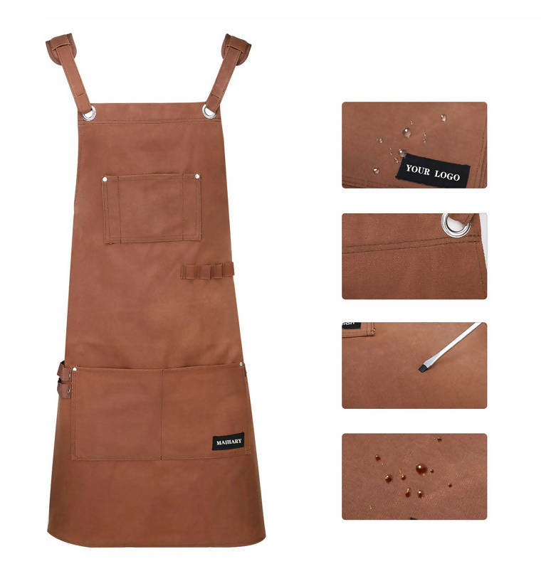 Delantal de lona encerada de alta calidad con bolsillos y correas cruzadas en la espalda con delantal de trabajo resistente para hombres y mujeres (marrón)